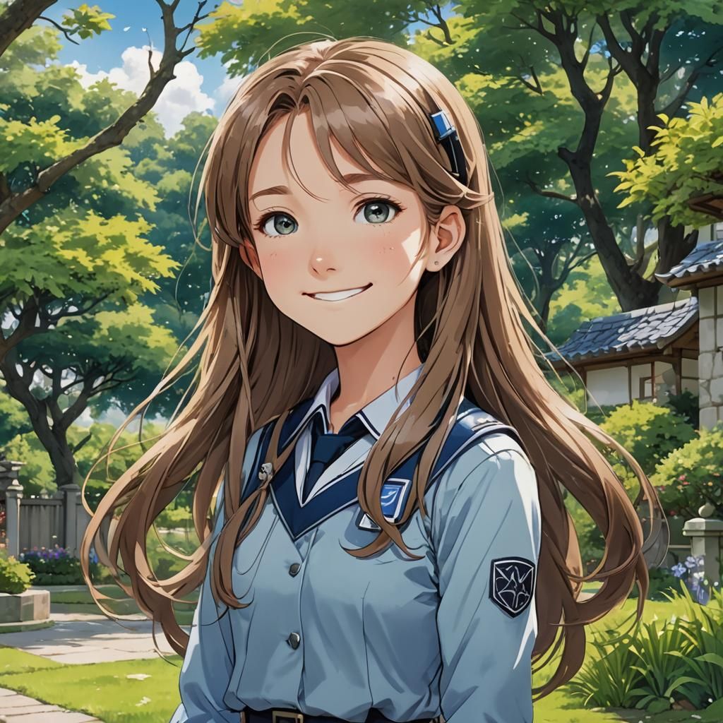 Anime Style Schoolgirl in Peaceful Green Environment