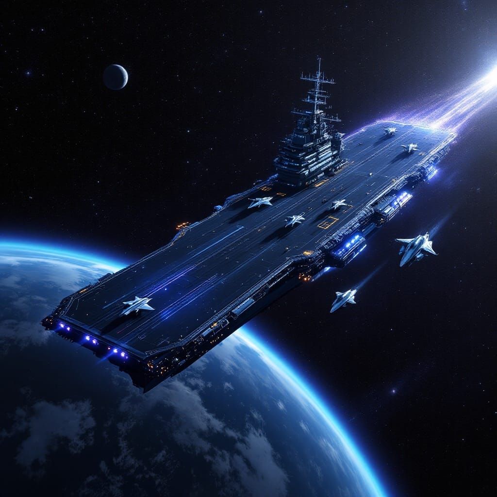Sleek Space Carrier Blends Naval Design with Sci-Fi Elements