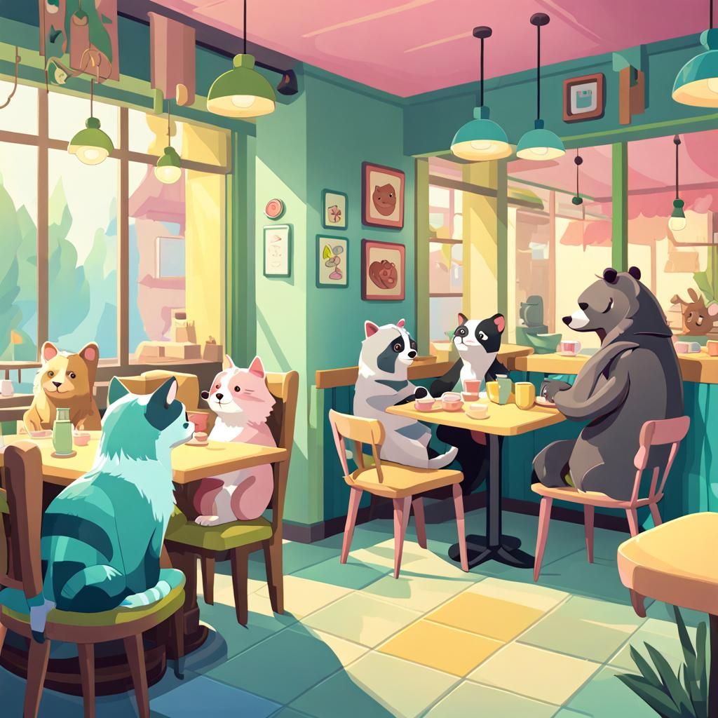 Cute Restaurant Scene in Whimsical Cartoon Style