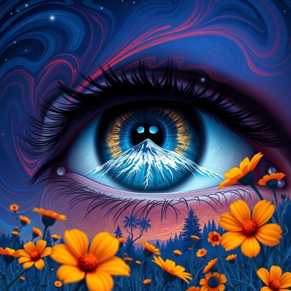 The eye's pupil captures a snowcapped mountain range and trees in the distance. There are orange flowers scattered throu...