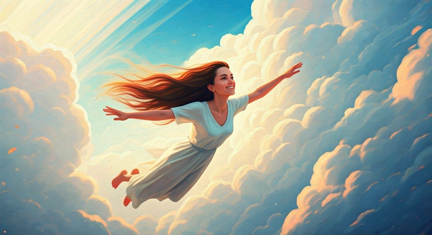 Woman Soaring Through Clouds as Ethereal Oil Painting