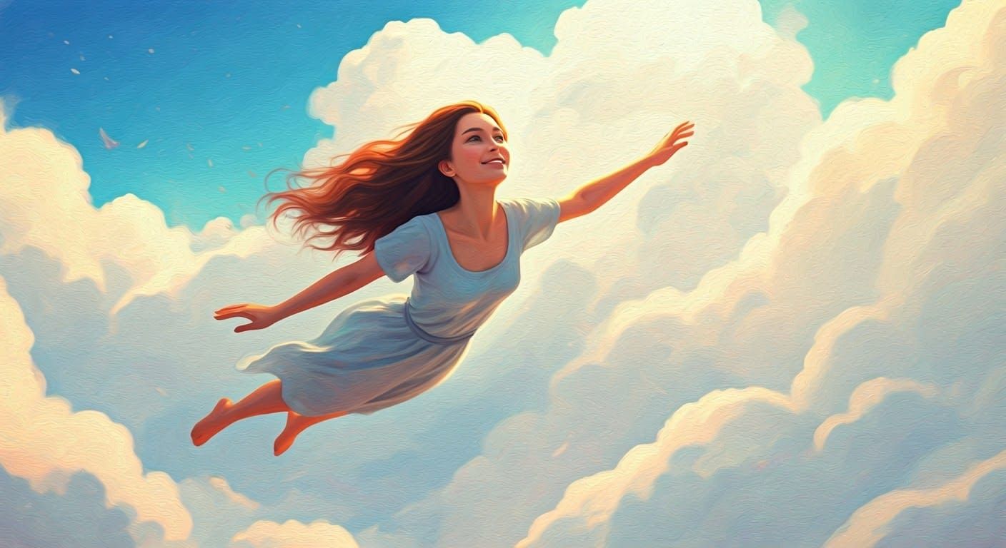 Woman Soaring Through Clouds: Ethereal Oil Painting