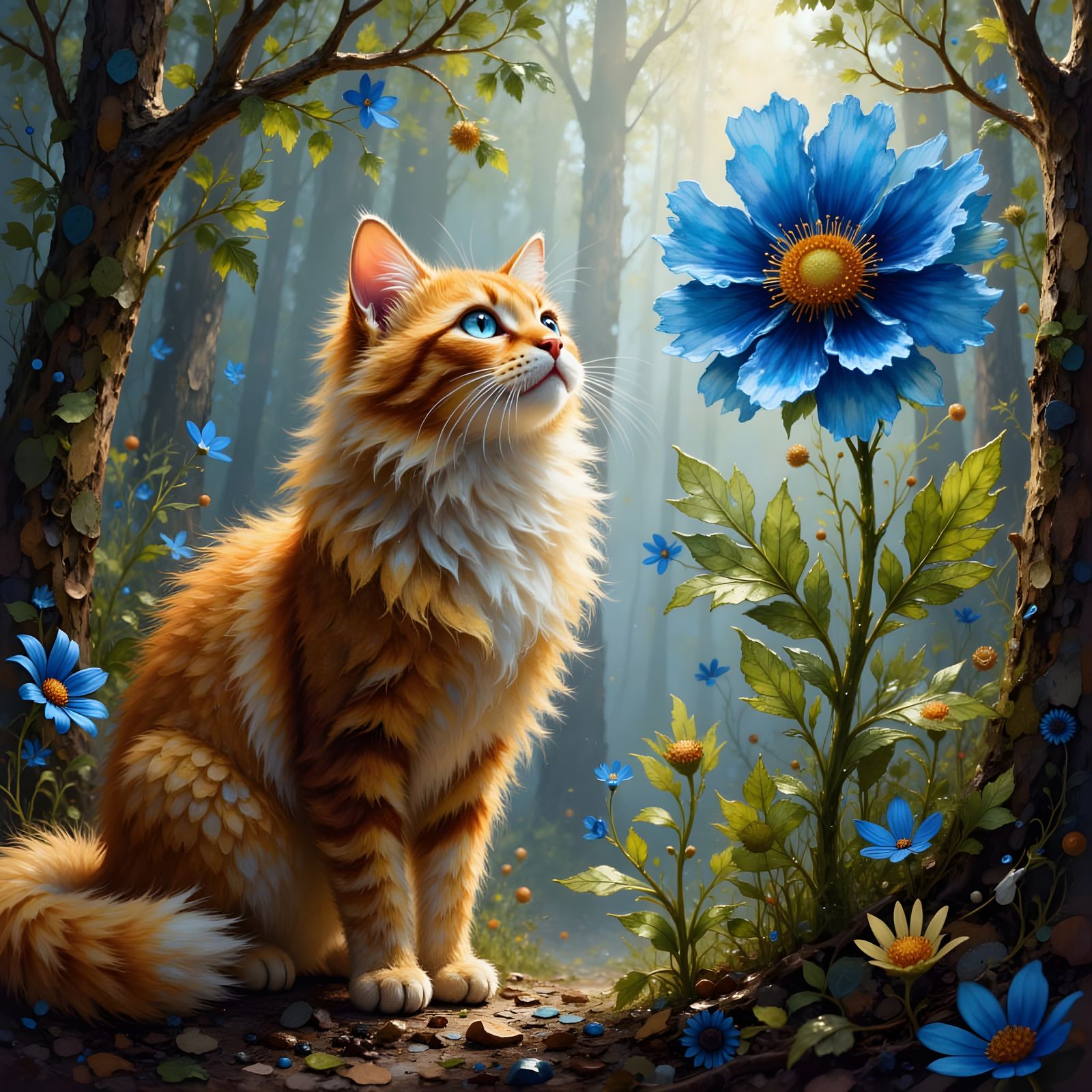 Himalayan Cat Amazed by Giant Flower in Dreamchant Forest