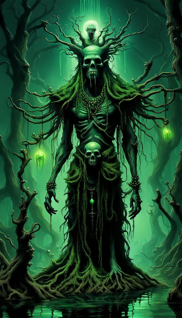 Mystic Voodoo Druid Summons Spirits in Dark Fantasy Swamp