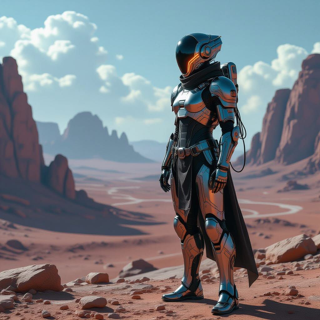 Cybernetic Warrior on Alien Planet in Dystopian Scene