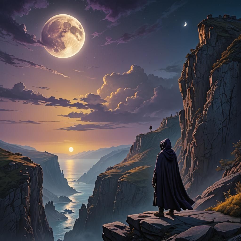 Fantastical Moonlit Encounter on a Rocky Cliff