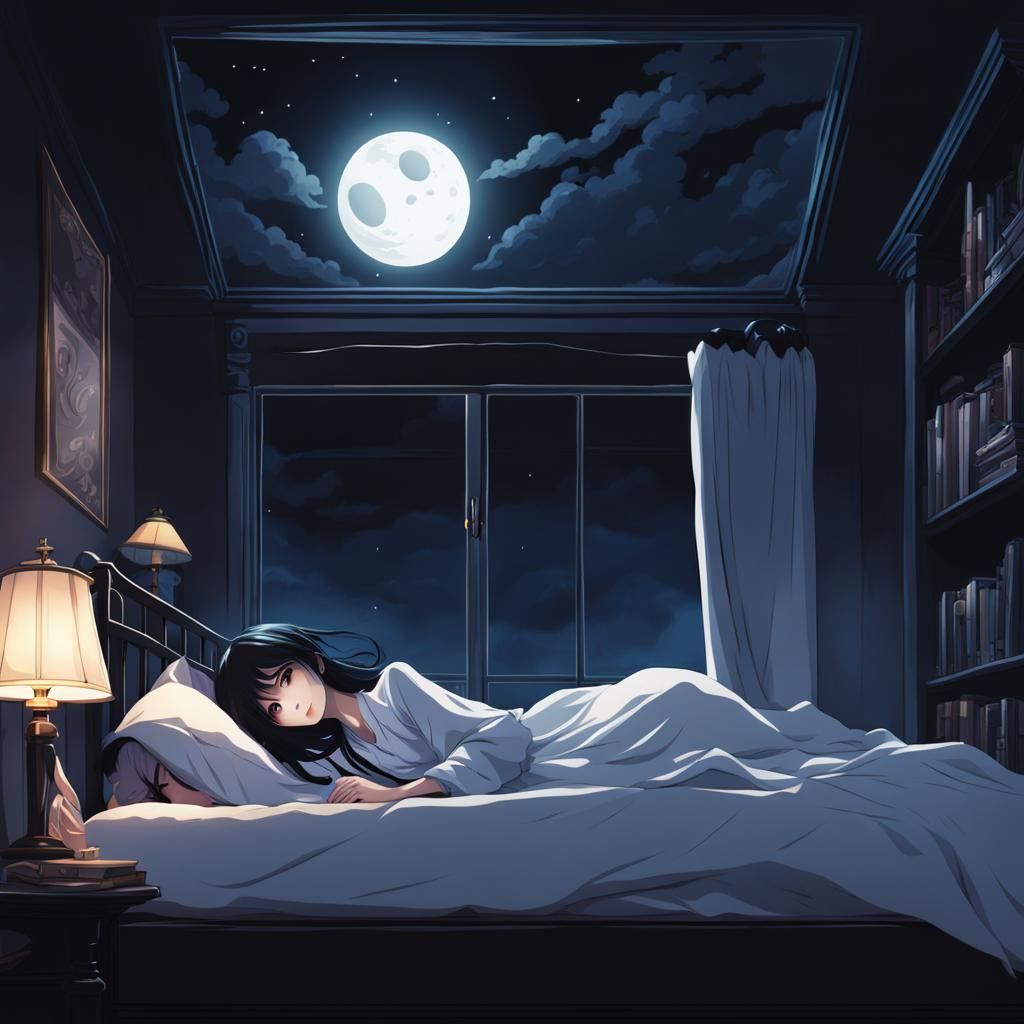An anime girl with black hair lies in bed beneath a ghostly....