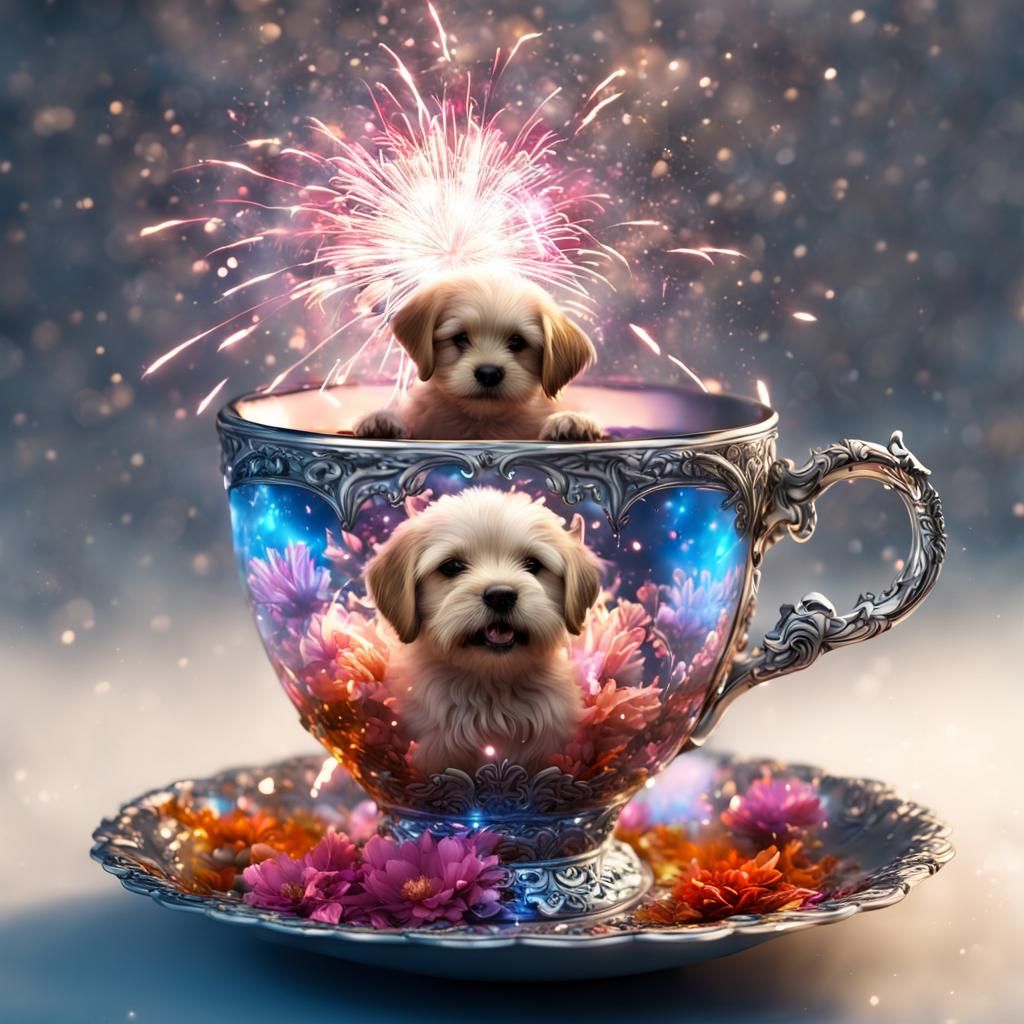 Fantasy Photo of Pup in a Teacup Amidst Explosive Fireworks