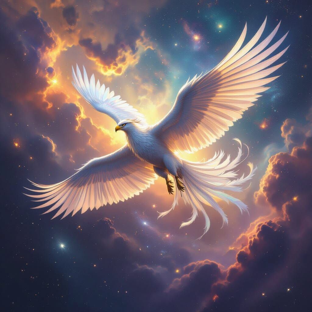 Griffin Soaring Through Nebula, Epic Fantasy Art