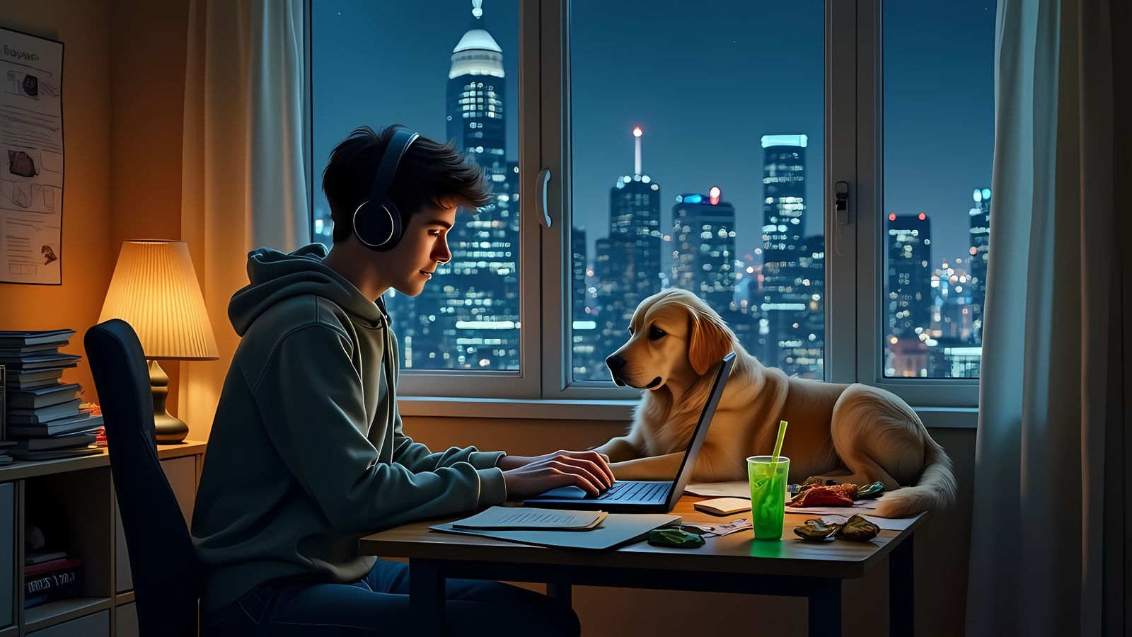 Teenager Focuses on College Assignment Under City Night Sky
