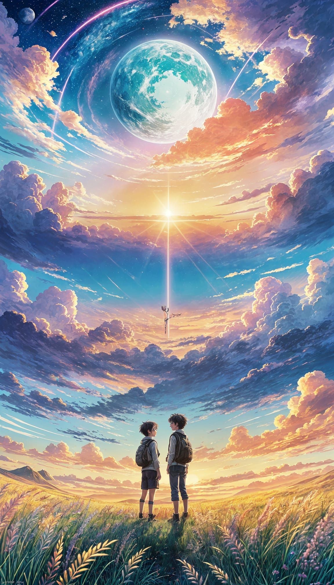 Anime Children Watch Colorful Celestial Sky