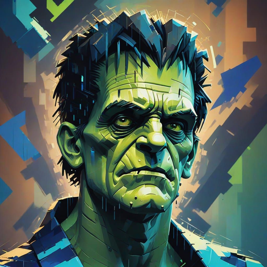 Glitch Art Close Up of Distorted Frankenstein Face