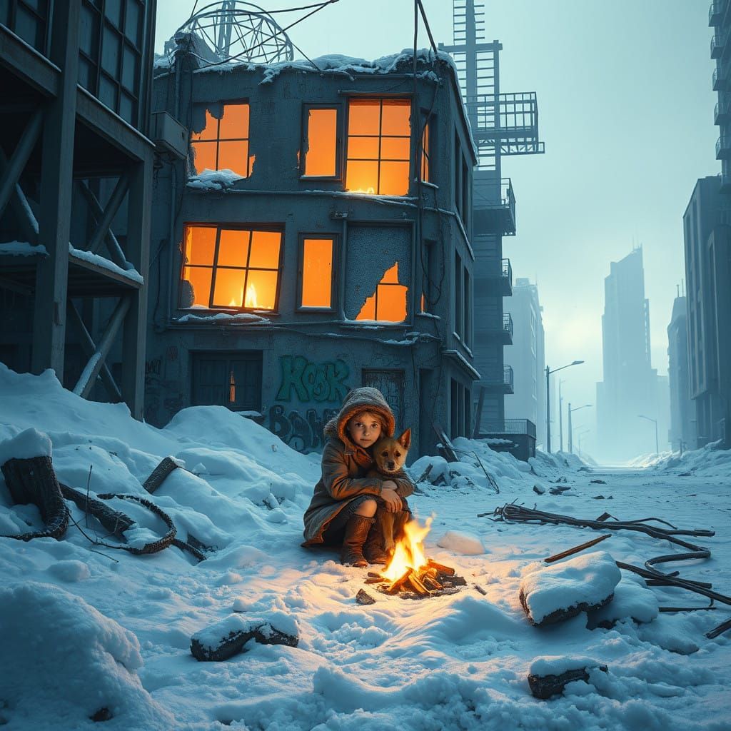 Surreal Winter Apocalypse with Vibrant Graffiti and Warm Glo...
