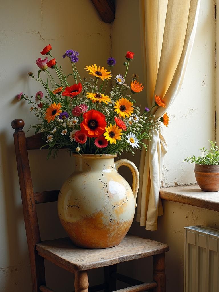 Wildflowers in Pottery Jug, Warm Cottagecore Style