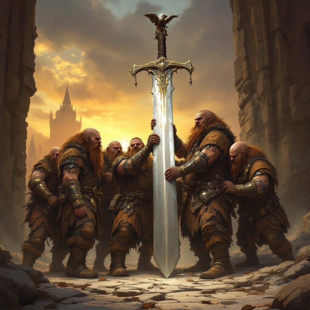 Fantasy Dwarves Struggle to Lift Towering Sword in Sunset Li...