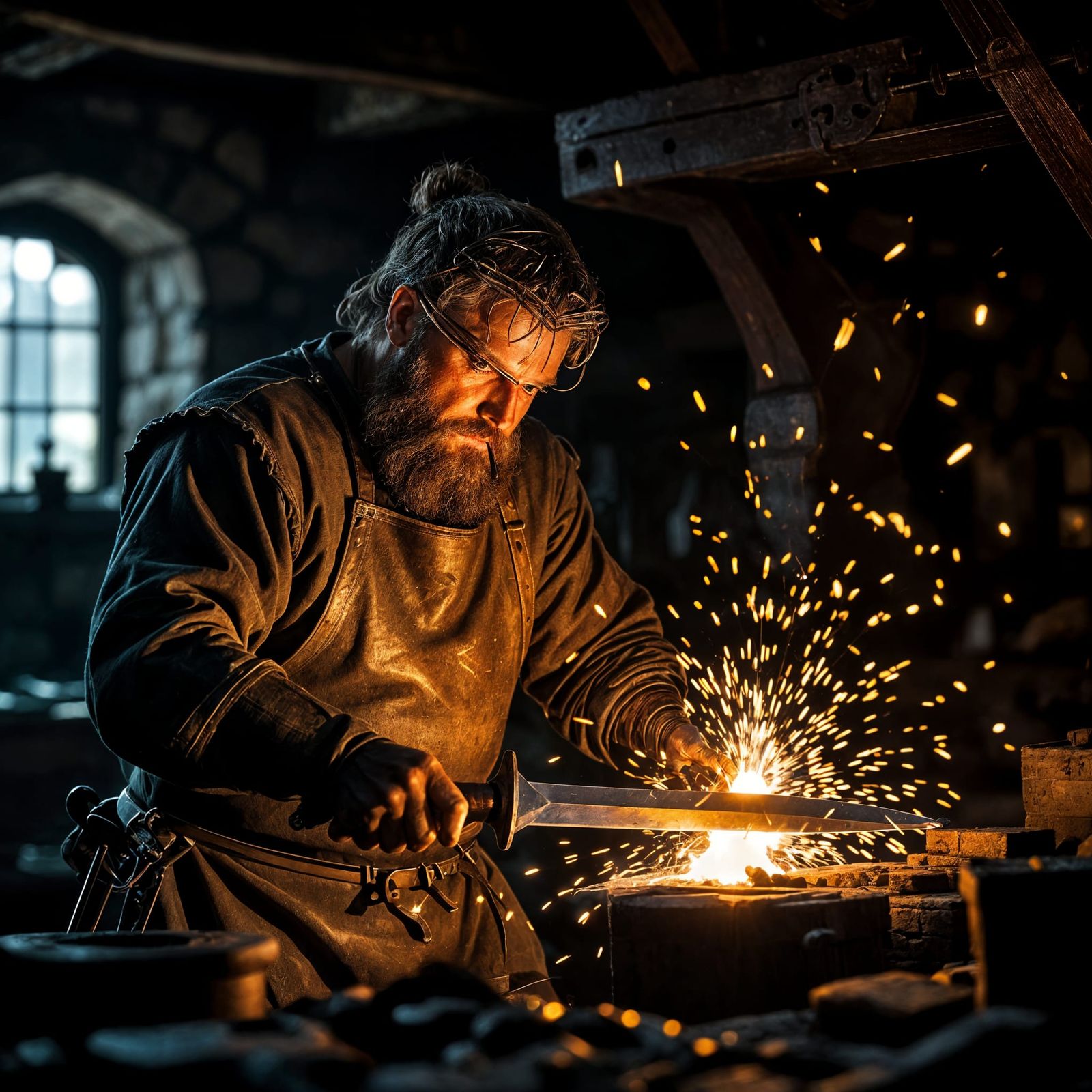 Medieval Blacksmith Forging Glowing Sword with Sparks