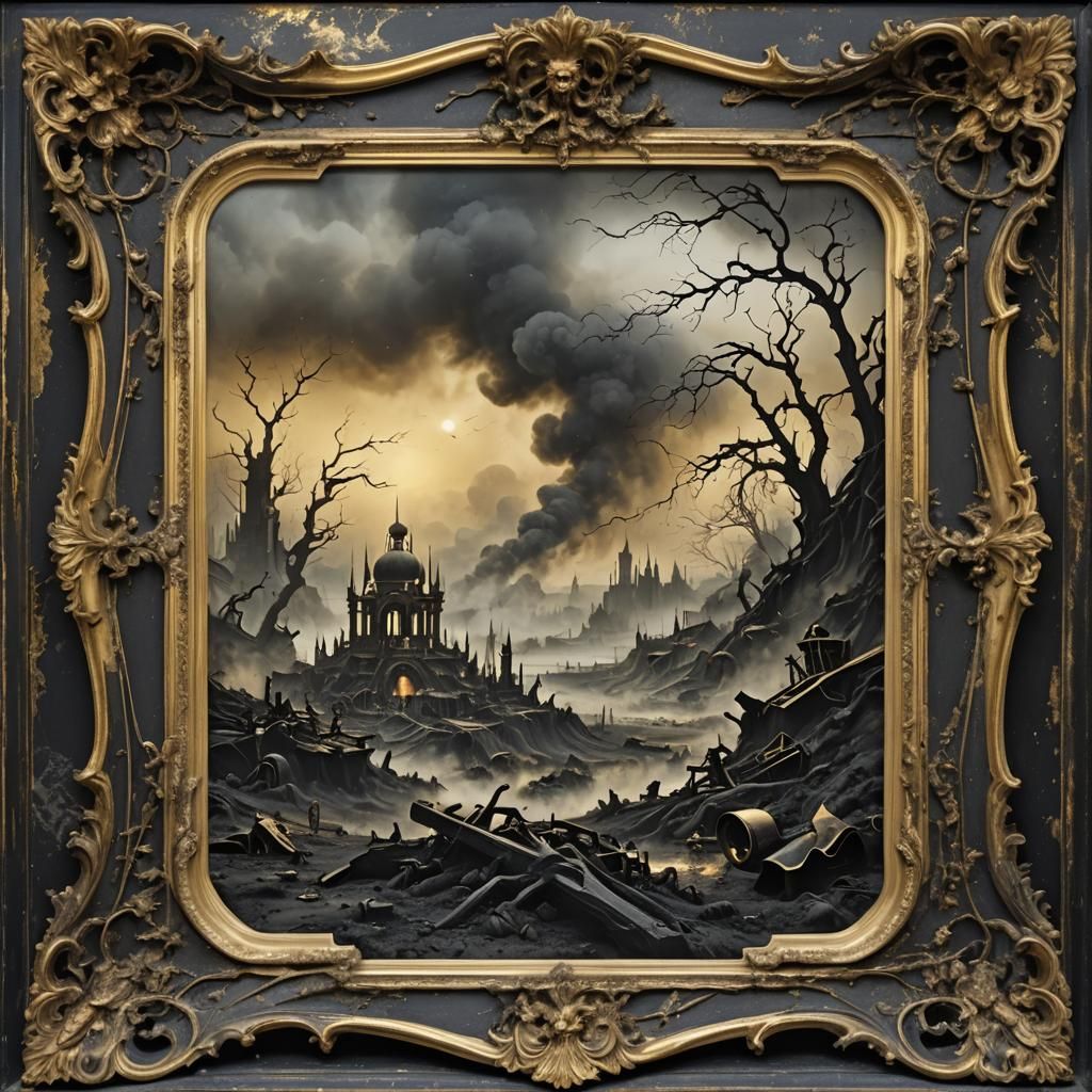 Surreal Futuristic Battlefield in a Gilded Frame