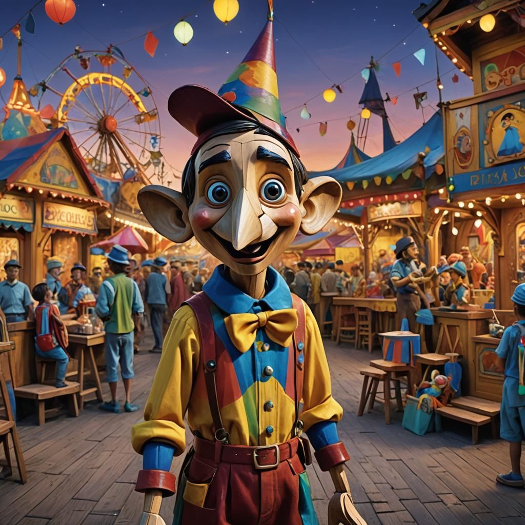 Pinocchio the wooden puppet with a long nose Hyperrealistic, splash art, concept art, mid shot, intricately detailed, co...