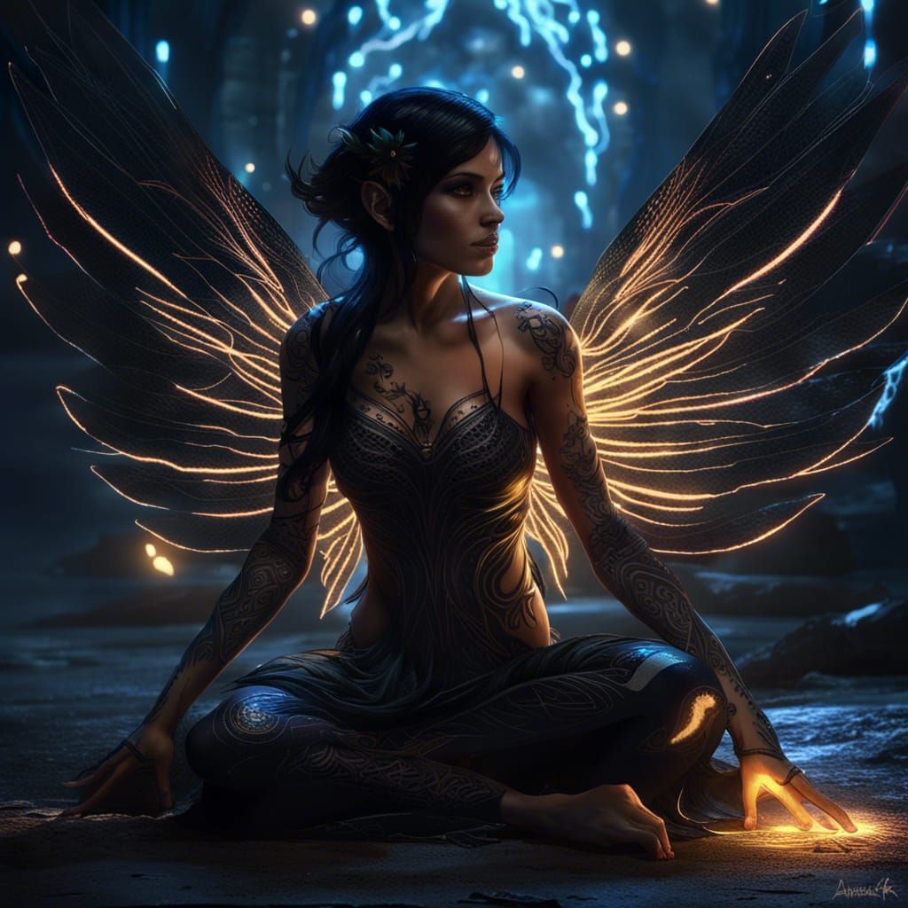 Dark Fantasy Fairy with Glowing Wings and Tattoos