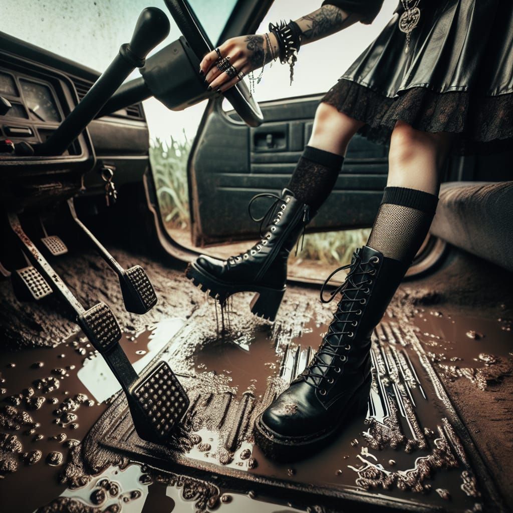 Gothic Style Woman Stuck in Mud: Low Angle Car View