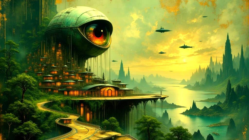 Eternal Eye Over Alien City, Verdant Landscape