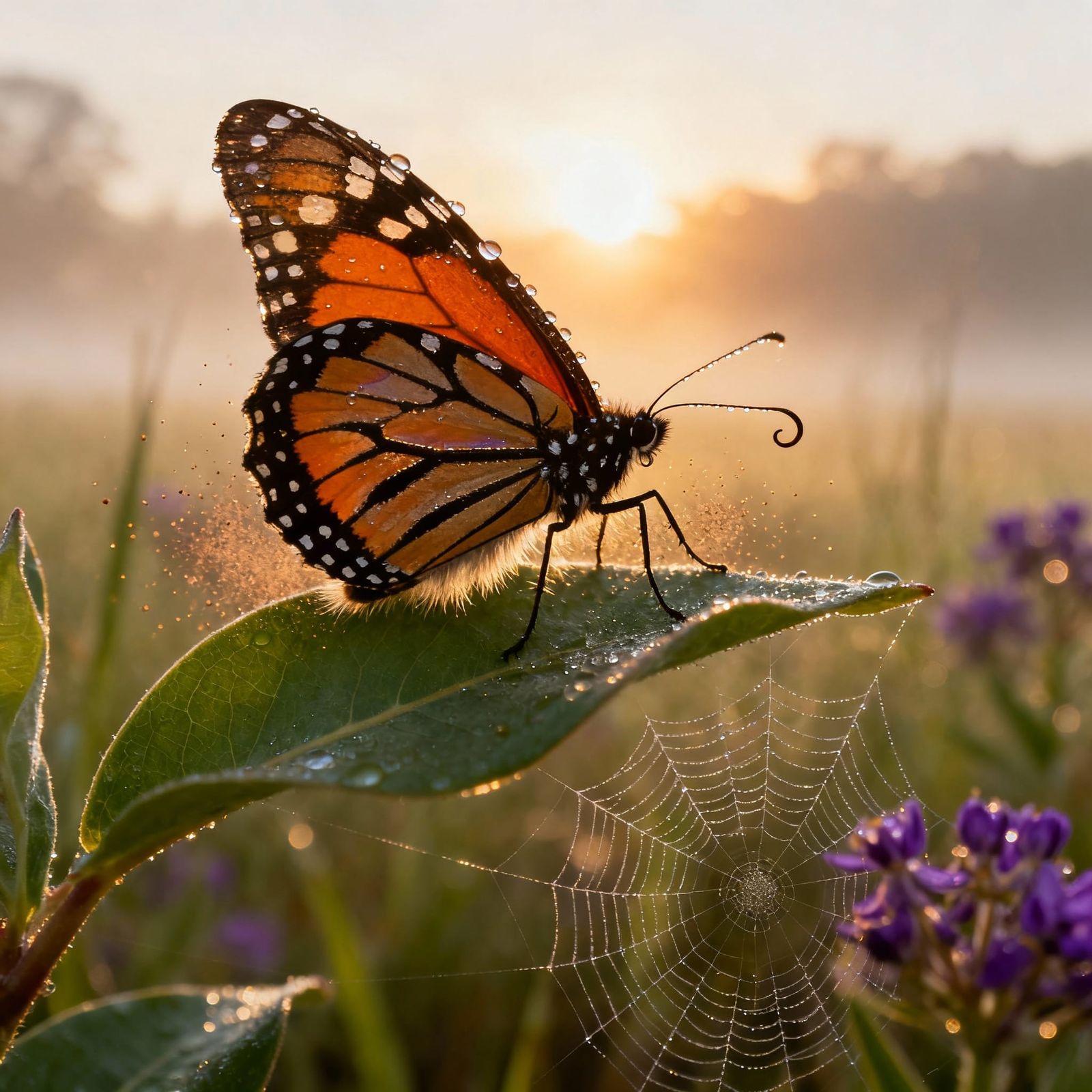 Monarch Butterfly on Milkweed at Dawn, Macro Photography