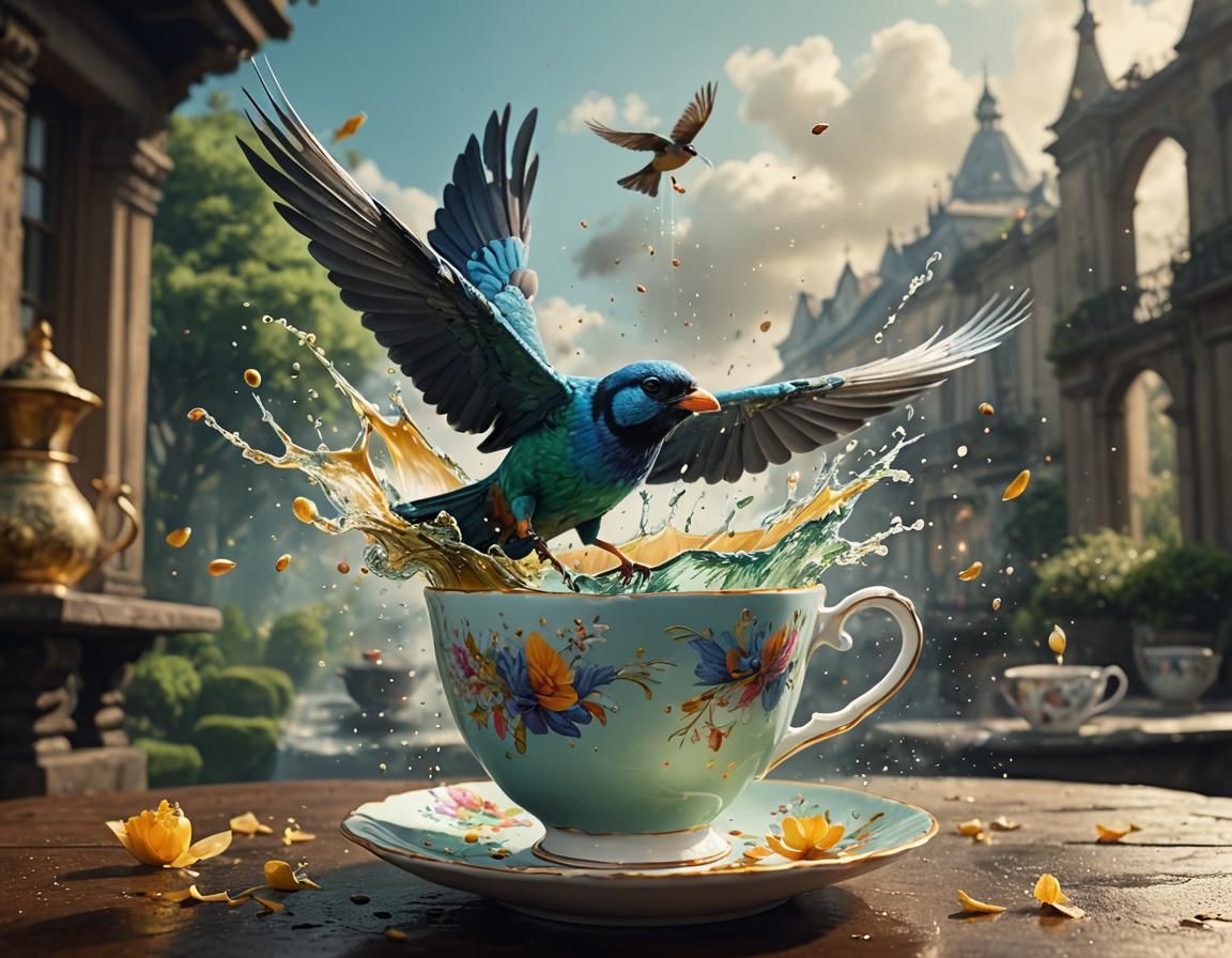 Bird Takes Flight from Whimsical Tea Cup