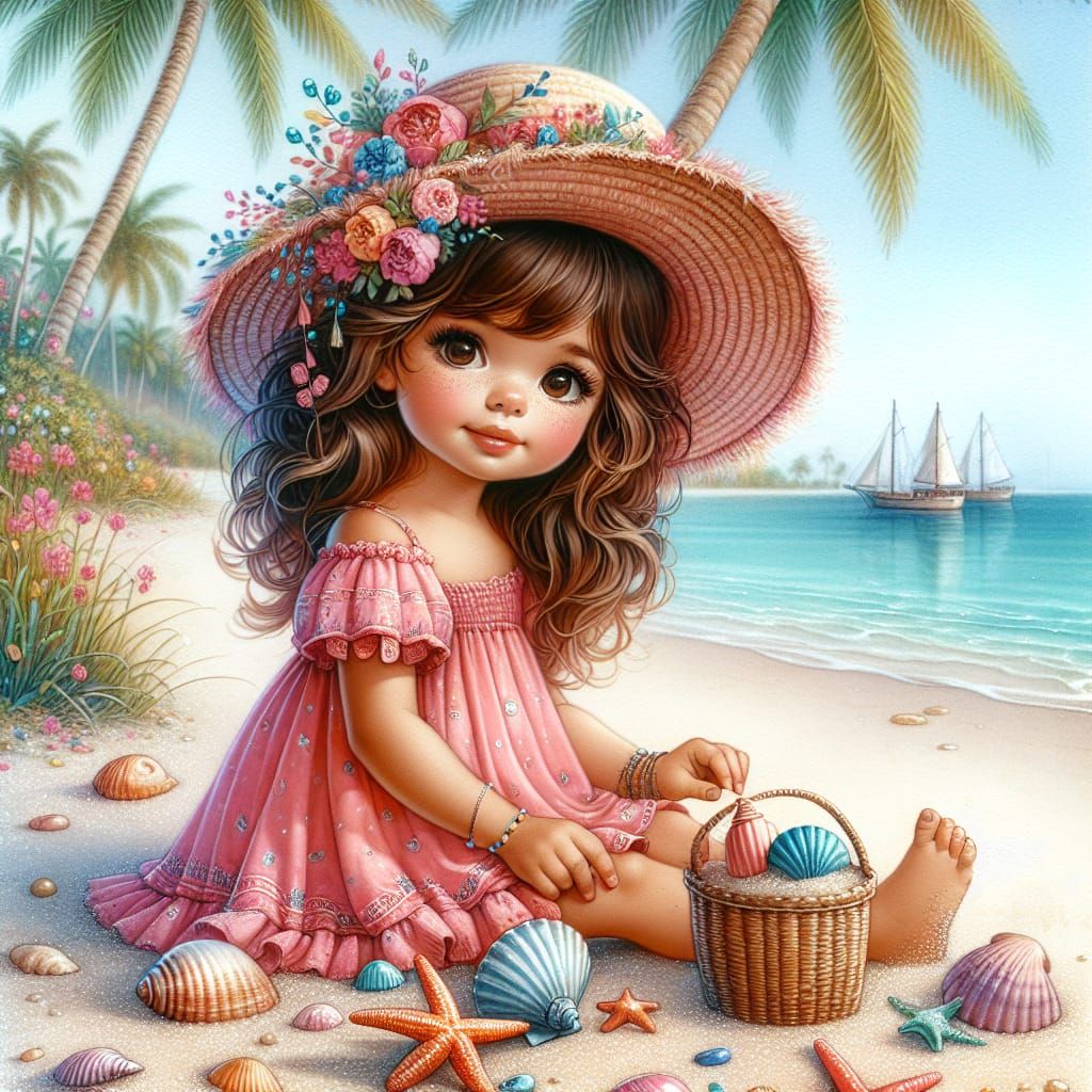 Little Brown Girl Plays on Vibrant Beach in Watercolor Style