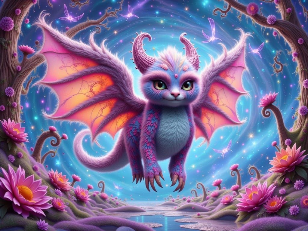 Whimsical Fantasy Dragon soars through Shimmering Portal