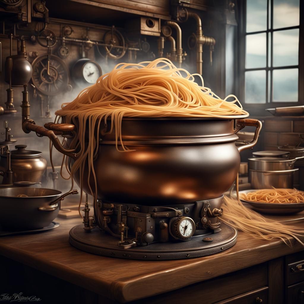 Spaghetti noodles peeking out of a big steampunk pot