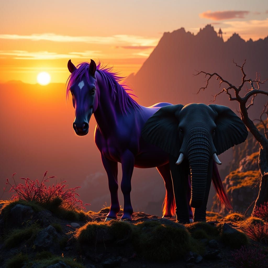 Majestic Purple Mustang Amidst Sunset on Mountain with Gentl...