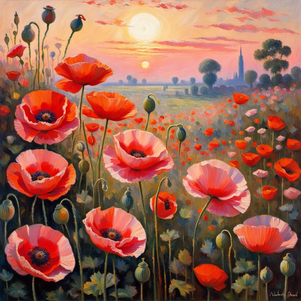 Impressionist Poppies in Soft Pink Evening Light