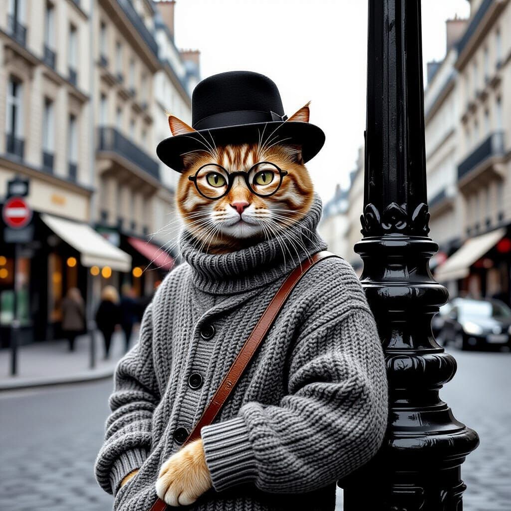 Aloof Orange Cat in Sweater and Hat, Parisian Sketch