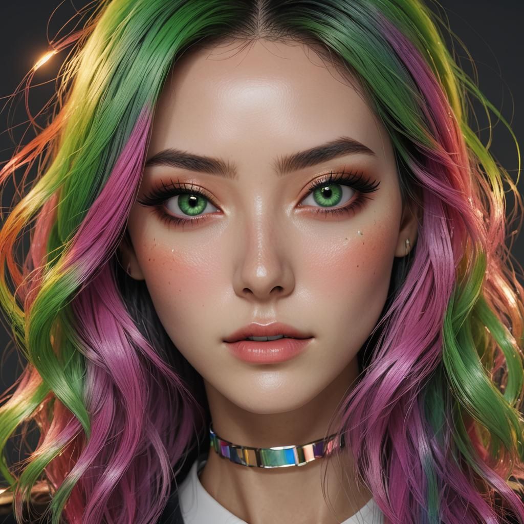 Stunning Korean Goddess with Vibrant Rainbow Hair and Emeral...
