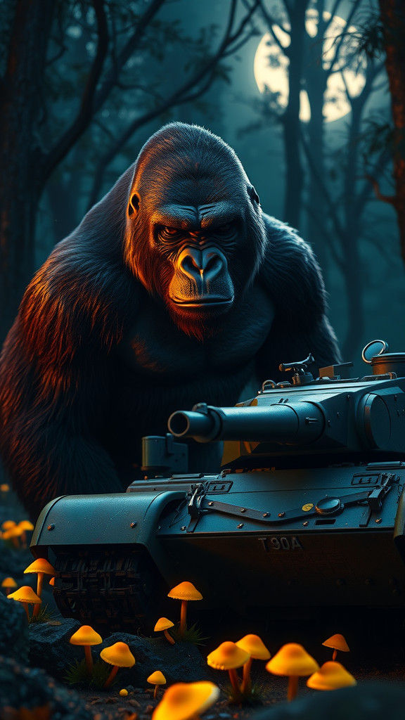 Dark Fantasy Gorilla and Russian Tank in Moonlit Forest