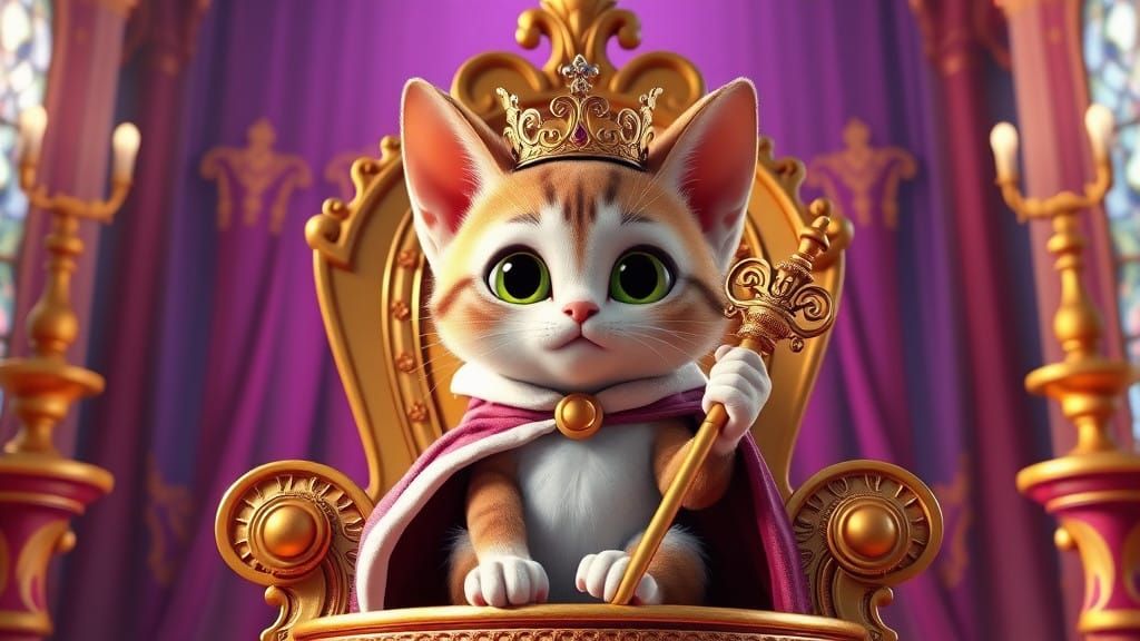 Regal Kitten Claims Throne in Vibrant, Cyberpunk Palace