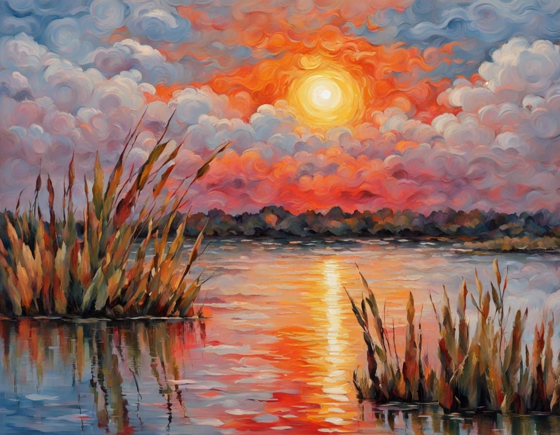 Tranquil Wetland Sunset with Herons and Glowing Moon