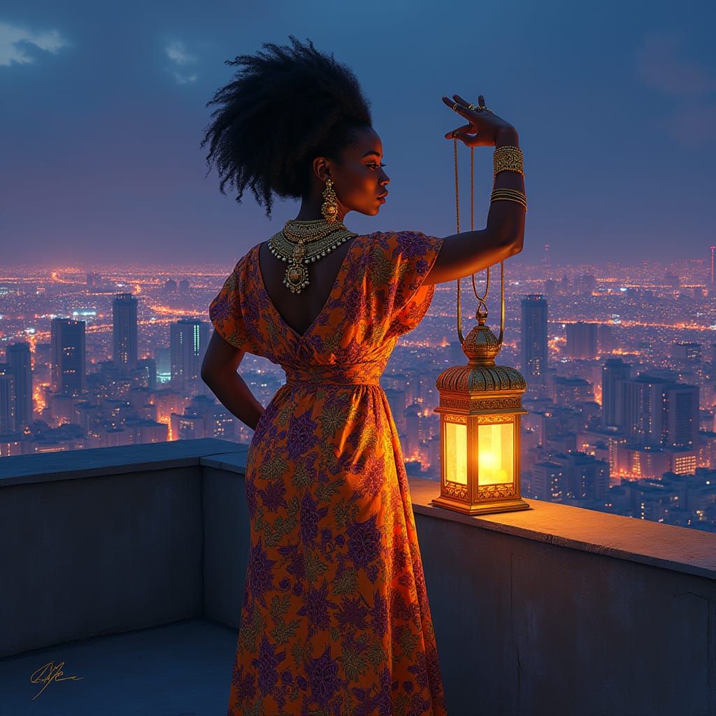 Afrofuturistic Queen Over Neon Cityscape, Digital Art