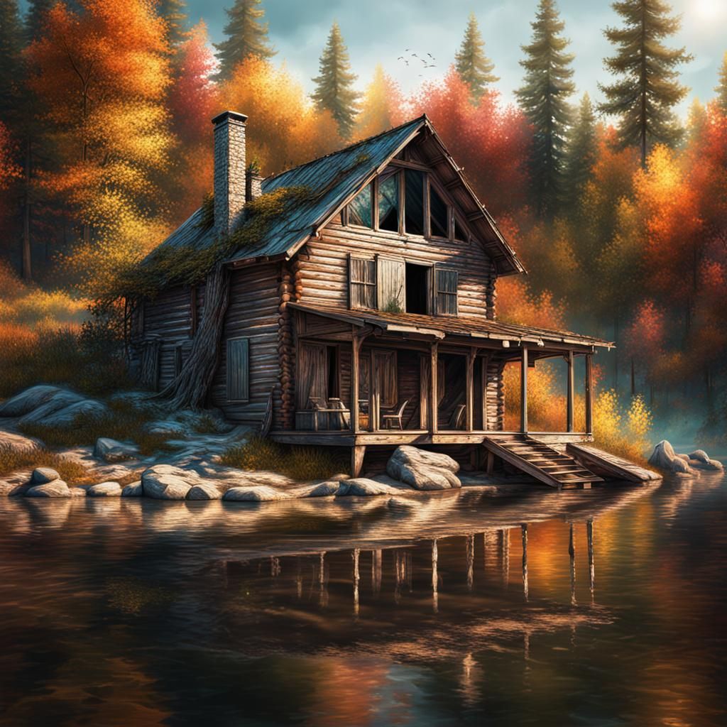 Abandoned Lakeside Cabin in Hyperrealistic Cinematic Style