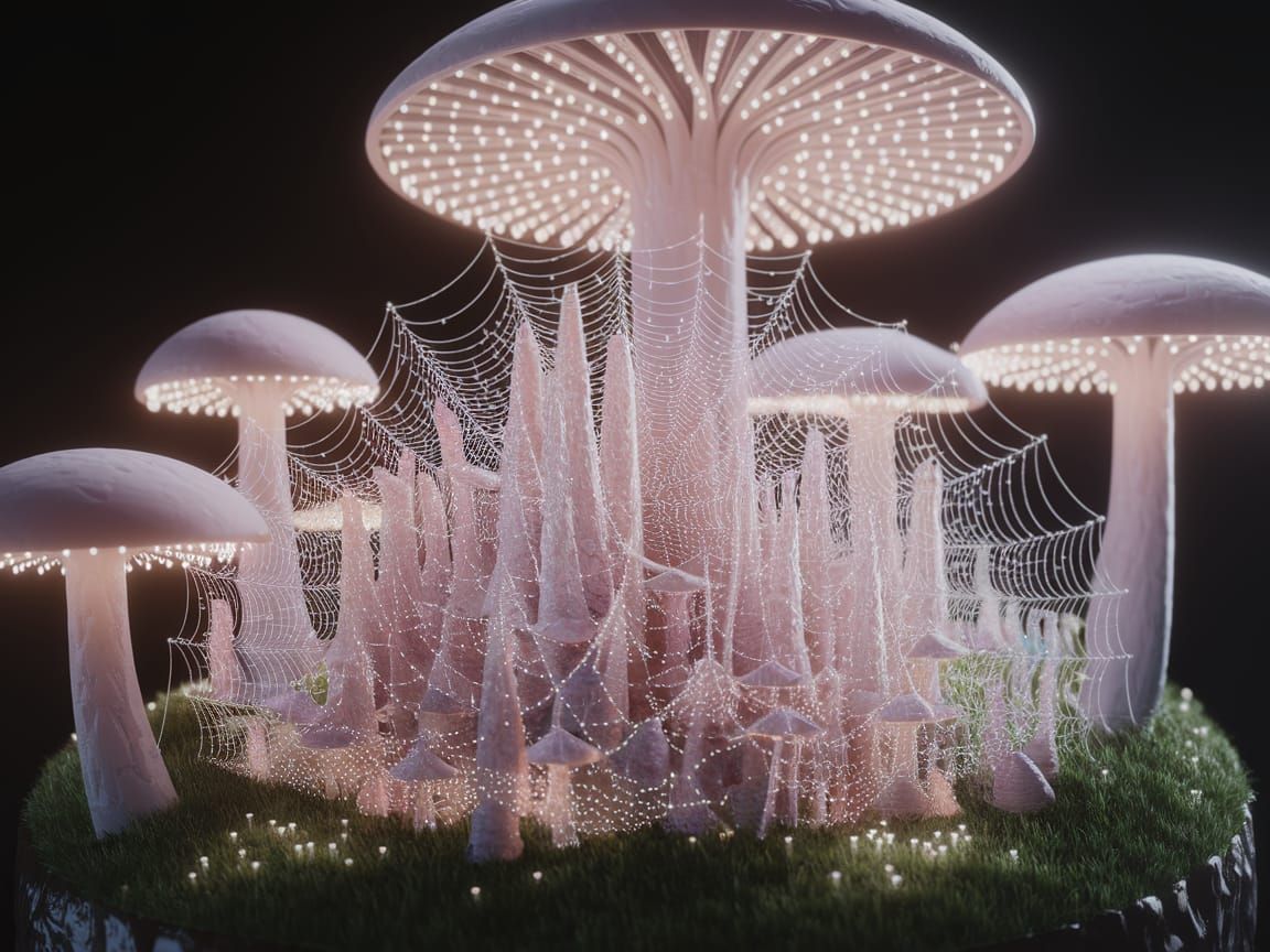 Miniature Spiderweb City in Bioluminescent Mushroom Forest