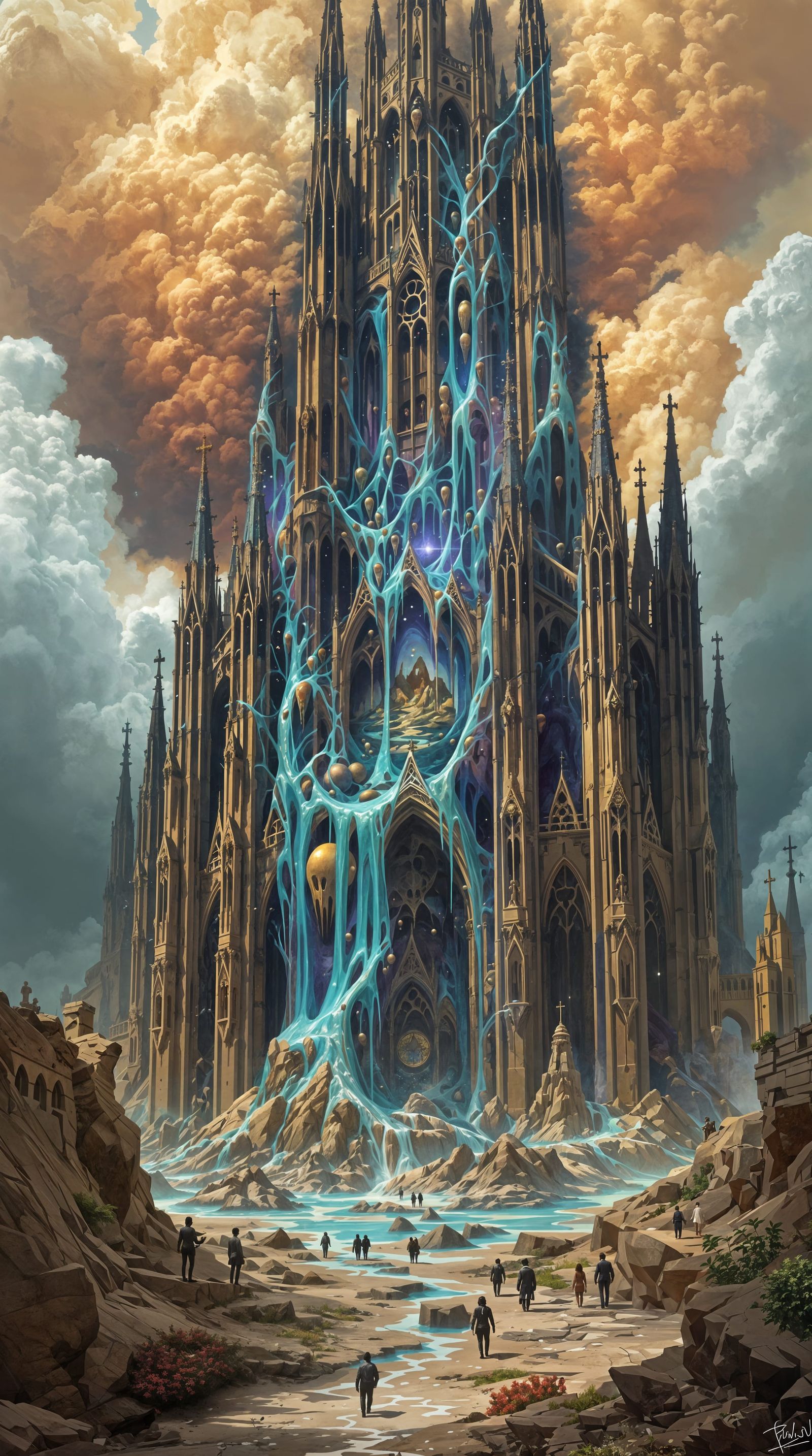 Surreal Gothic Cathedral Melts in Dreamlike Dystopian Landsc...
