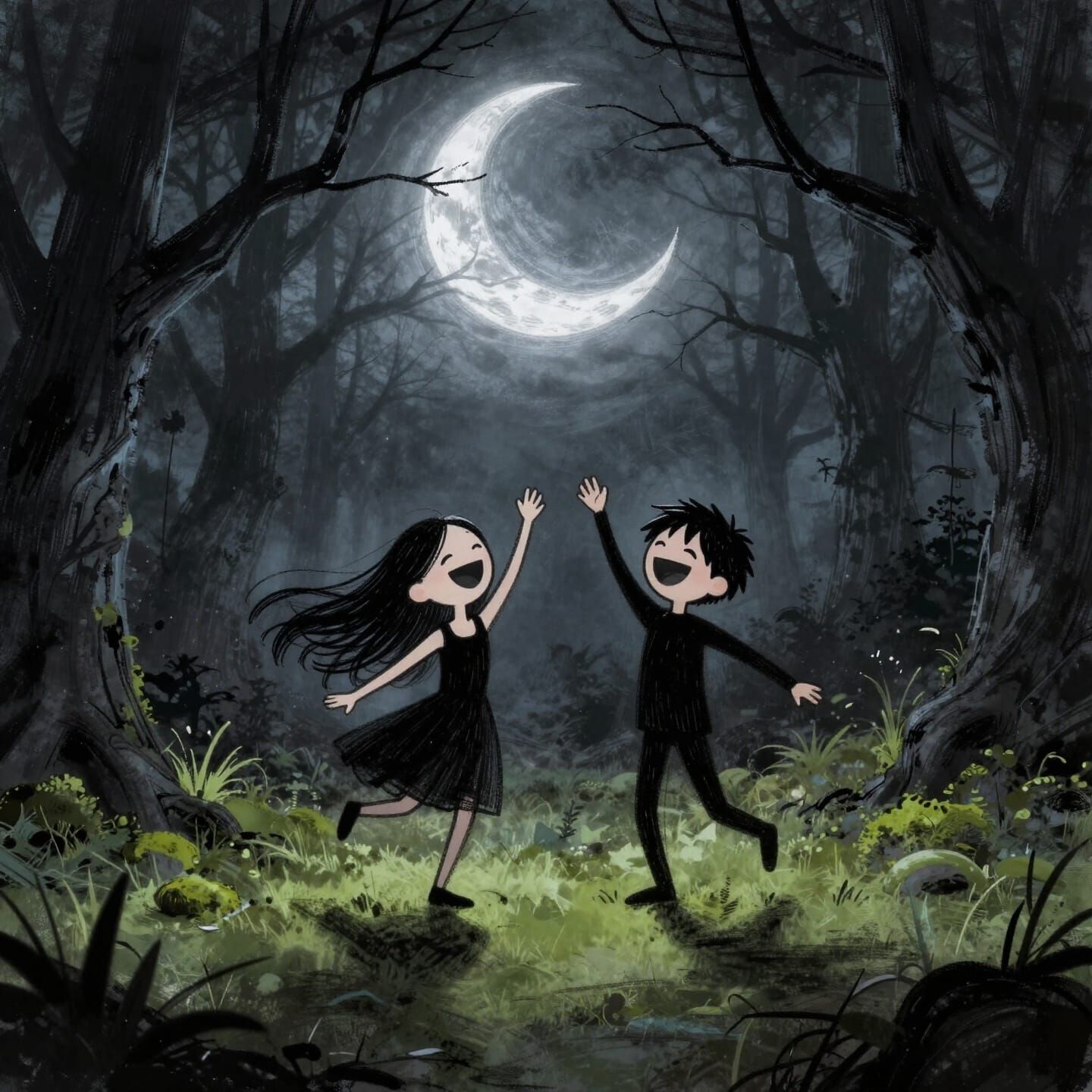 Gothic Fairytale Forest Dance in Minimalist Cartoon Style