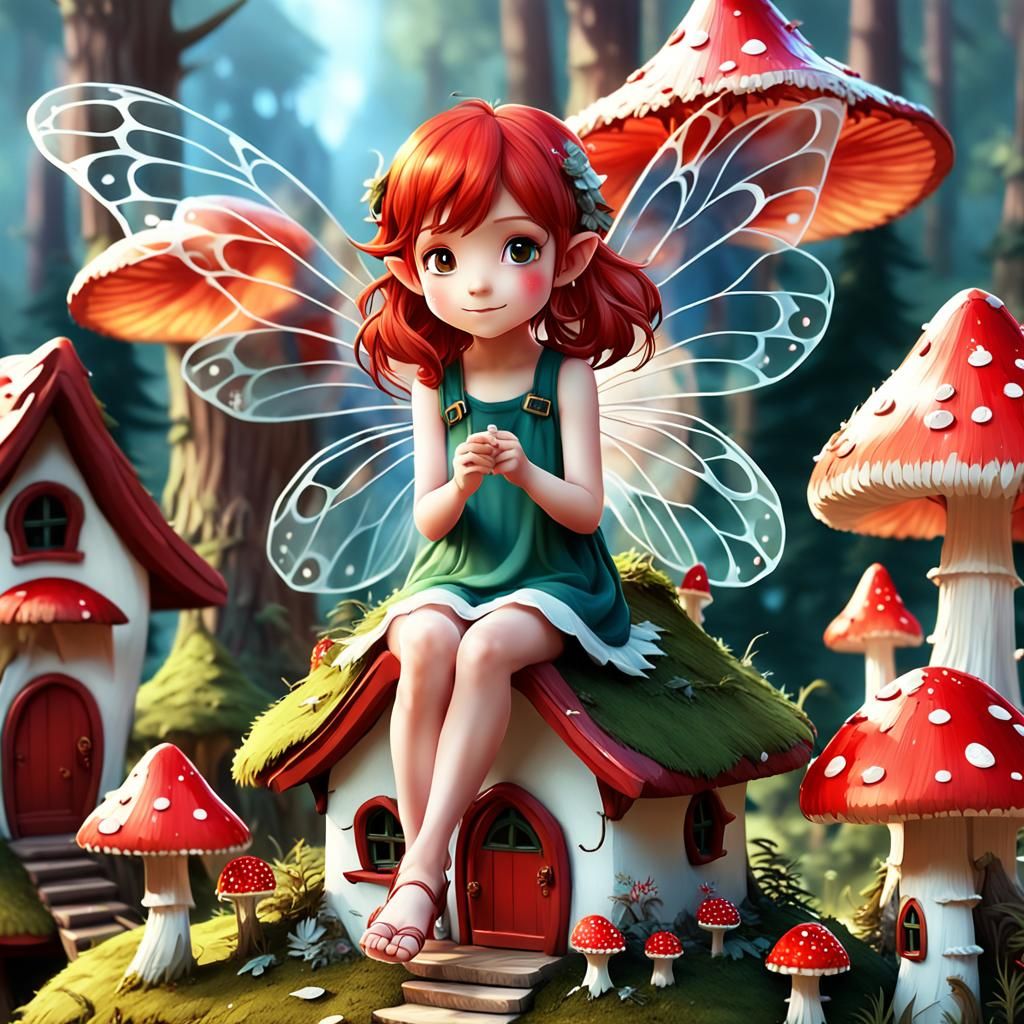 Vibrant Fairy Sits on Fly Agaric House Amidst Enchanted Fore...