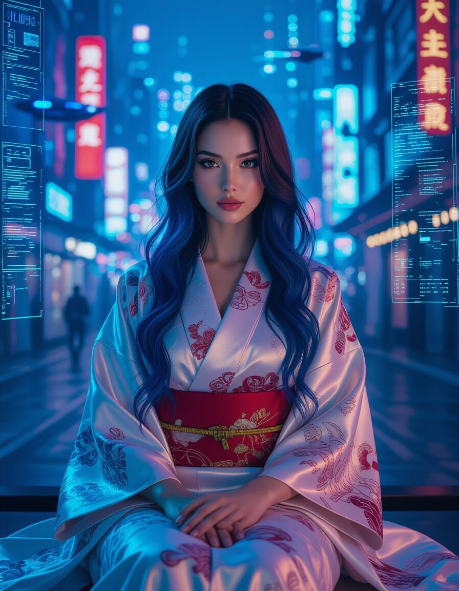 Cyberpunk Woman in Kimono with Blue Hair