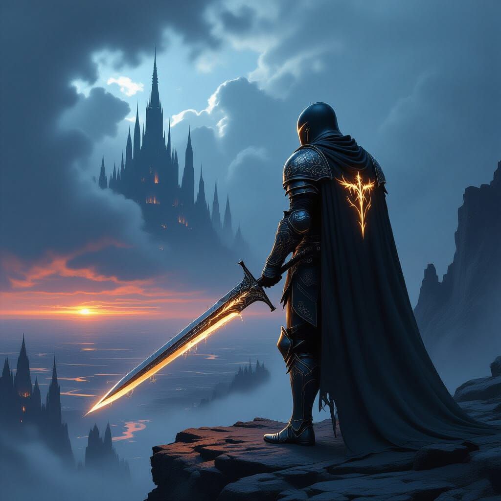 Obsidian Knight on Precipice Overlooking Ruined City