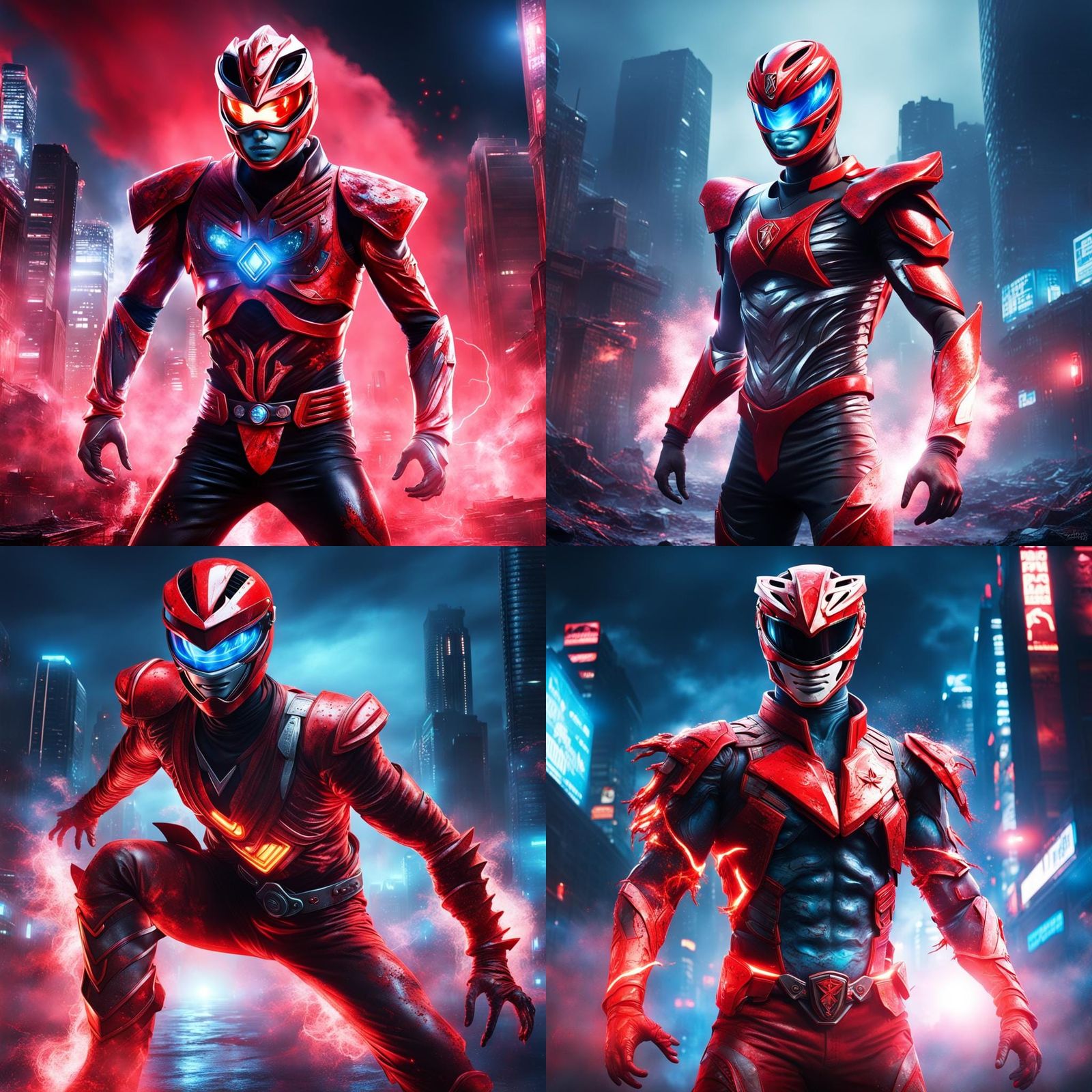 Gloomy Portrait of Zombie Red Ranger in Futuristic Nighttime...