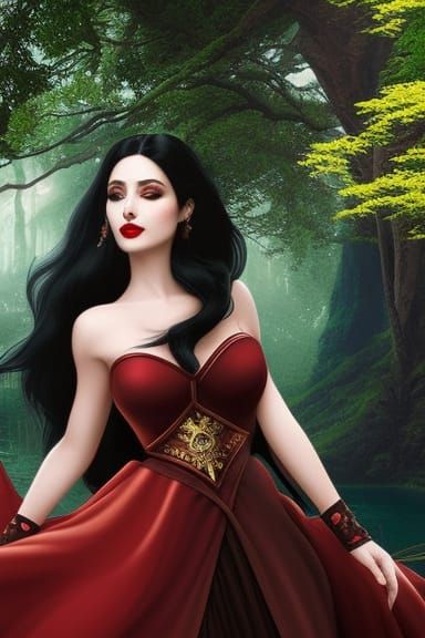 Beautiful long black-haired maiden with attractive pale skin and red lips and green eyes in stunning dark-black dress in...