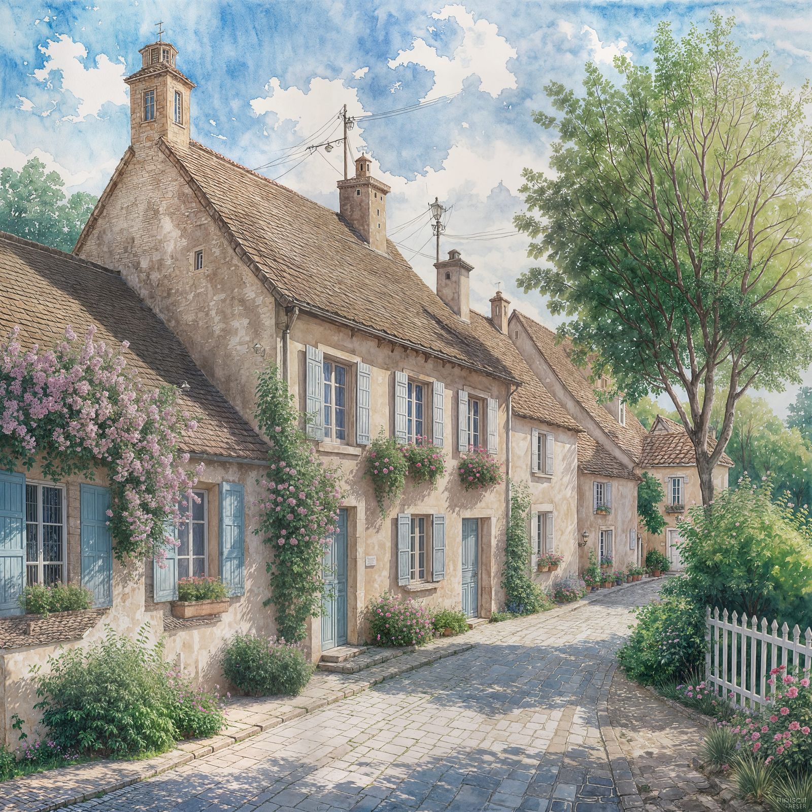 Watercolor Painting of a Charming French Village