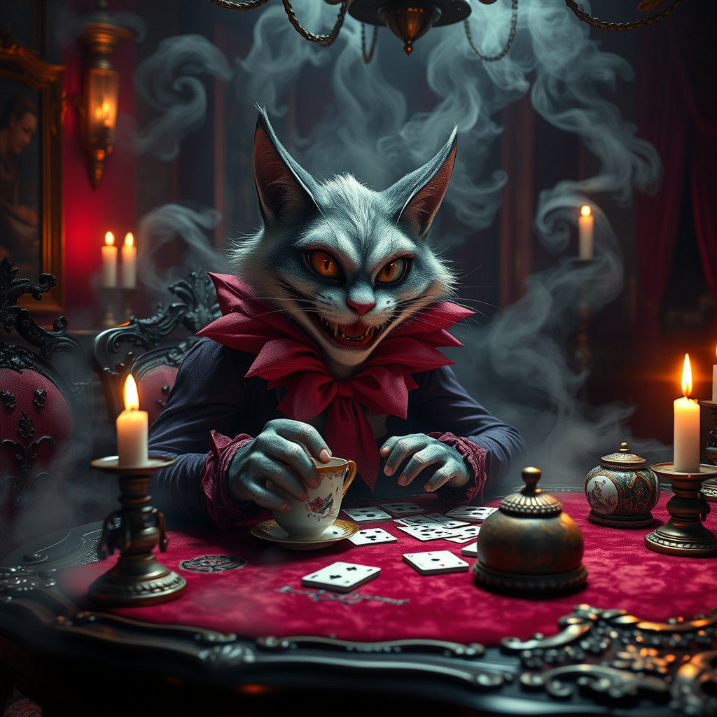 Cheshire Cat Plays Poker in Opulent Parlor