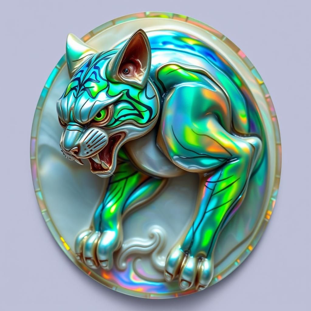 Vibrant Abalone Cameo of an Arched-Back Cat in Opulent Baroq...